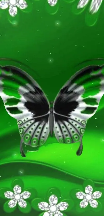 Green butterfly on vibrant wallpaper with floral accents.