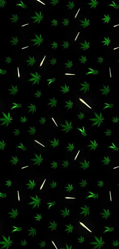 Black wallpaper with green cannabis leaf pattern and joints.