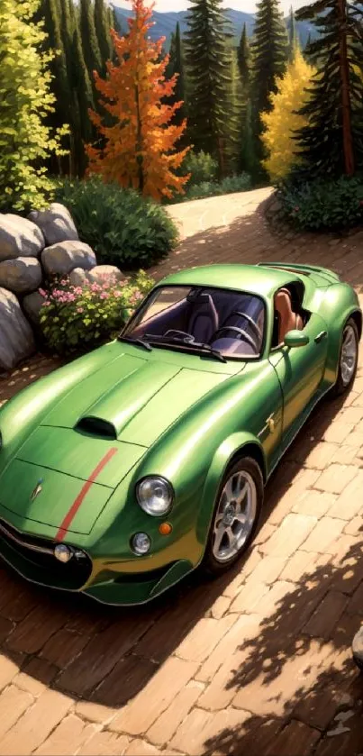 Green sports car on forest road in artistic style.