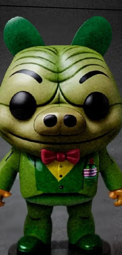 Whimsical green cartoon character with distinct features.