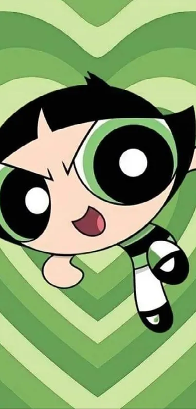 Cartoon character with green background featuring heart patterns.