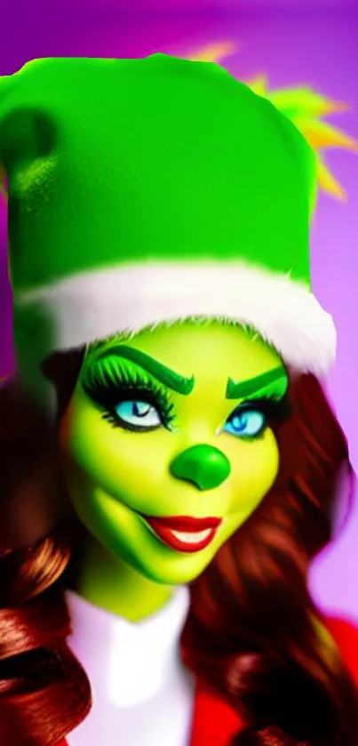 Cartoon character in a green festive hat with bright background.