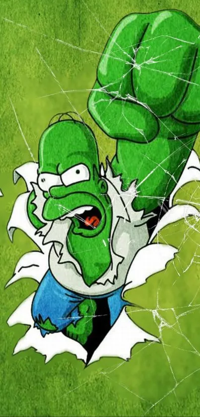 Cartoon hero bursting through green wallpaper with dynamic energy.