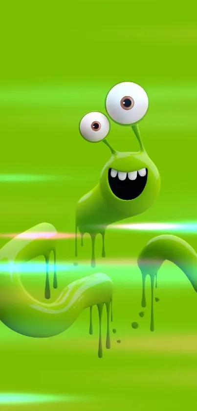 Playful cartoon monster on lime green background wallpaper.