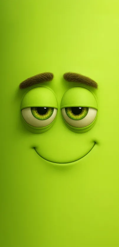 Green cartoon smiley face on a mobile wallpaper.