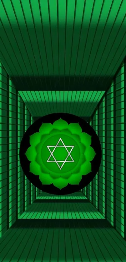 Green chakra geometric wallpaper with glowing patterns.