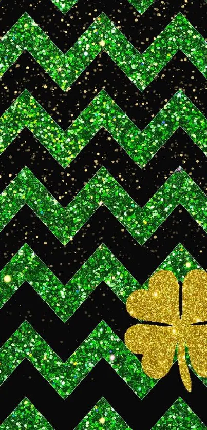 Green glitter chevron pattern with gold shamrock on black background.