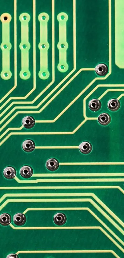 Detailed green circuit board design with intricate electronic patterns.