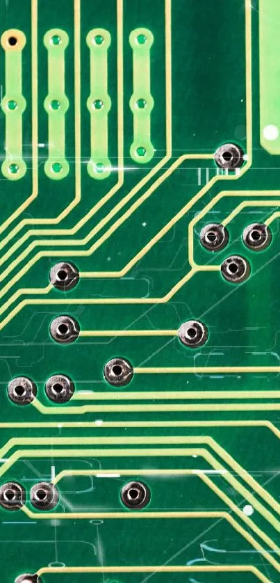 Green circuit board pattern wallpaper with intricate electronic details.