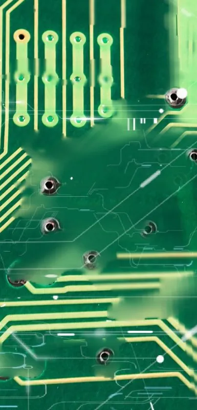 Green circuit board wallpaper with intricate details.