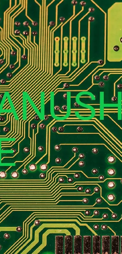 Green circuit board wallpaper with intricate lines.