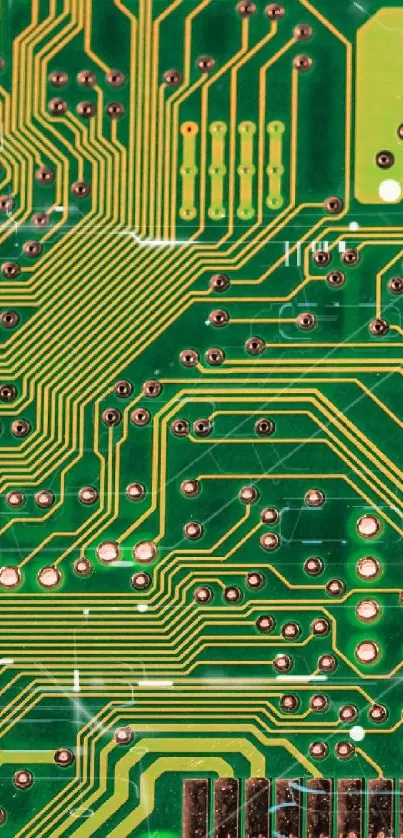 Intricate green circuit board wallpaper design with detailed circuitry patterns.
