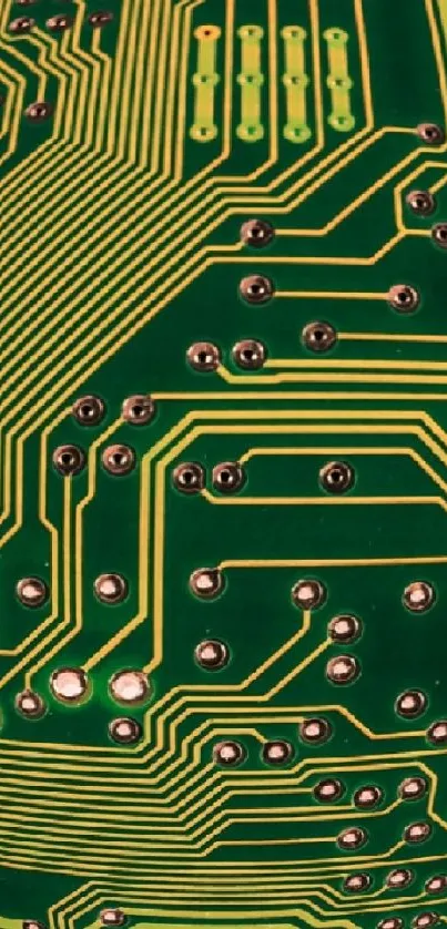 Green circuit board pattern with intricate details.