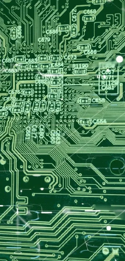 Green circuit board wallpaper with intricate electronic patterns.