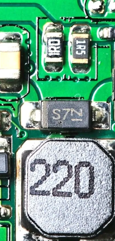 Close-up of green circuit board design for mobile wallpaper.