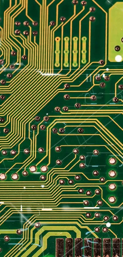 Close-up of a green circuit board with intricate electronic patterns.