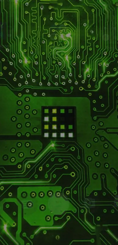 Green circuit board design wallpaper with intricate patterns.