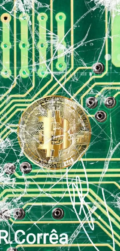 Green circuit board with Bitcoin symbol.