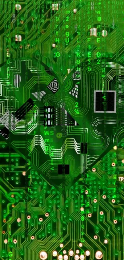 Green circuit board wallpaper with intricate tech design and patterns.