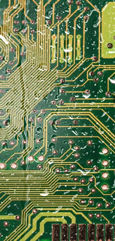 Green circuit board pattern wallpaper with intricate electronic pathways.