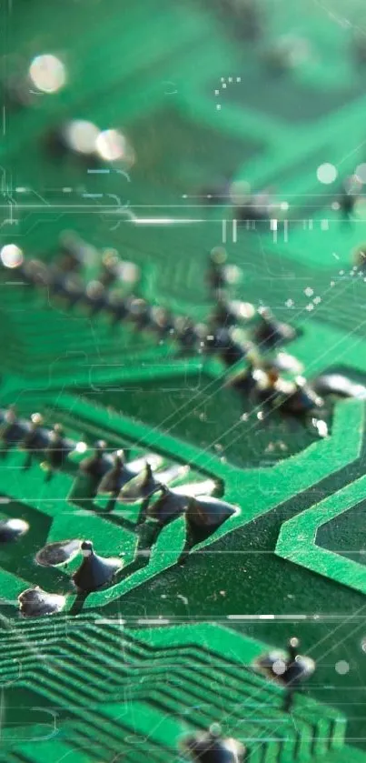 Close-up of green circuit board with intricate details.