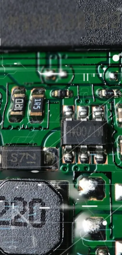 Intricate green circuit board with electronic components and pathways.