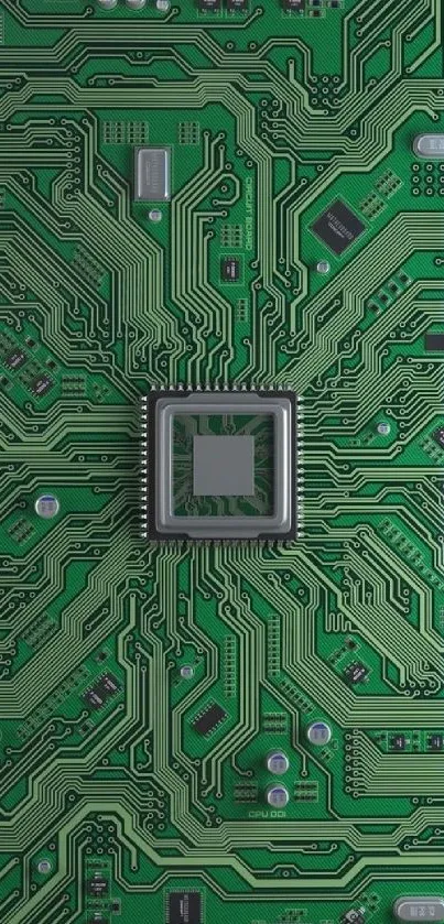 Green circuit board wallpaper with intricate electronic design.