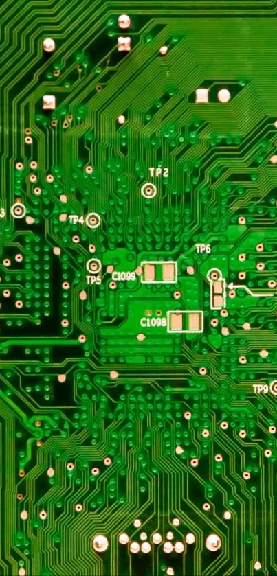 Green circuit board wallpaper with intricate electronic design.