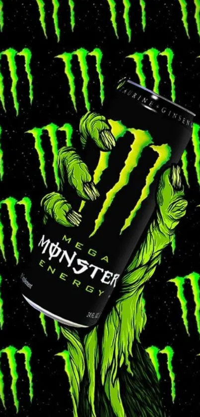 Edgy green claw holds a Monster can against a vibrant background.