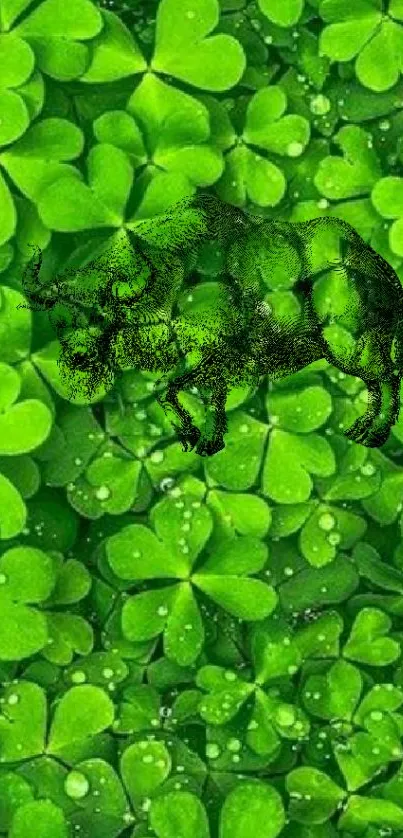 Green clovers with abstract bull design wallpaper.