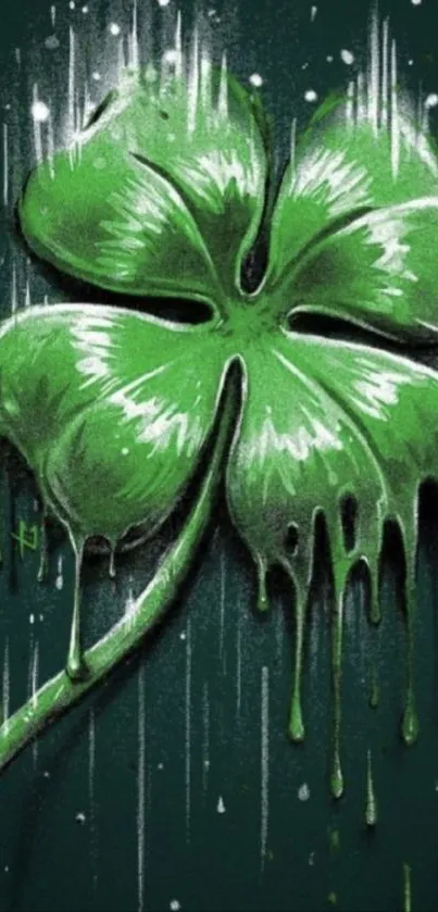 Artistic green clover with dripped paint effect on dark background.