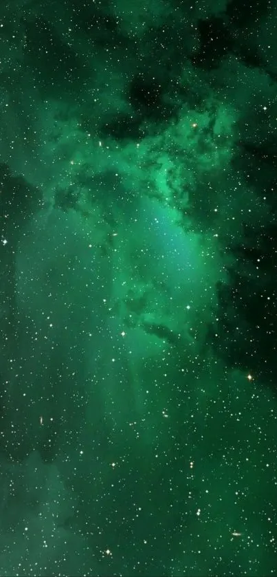 Green cosmic wallpaper with stars and nebula.