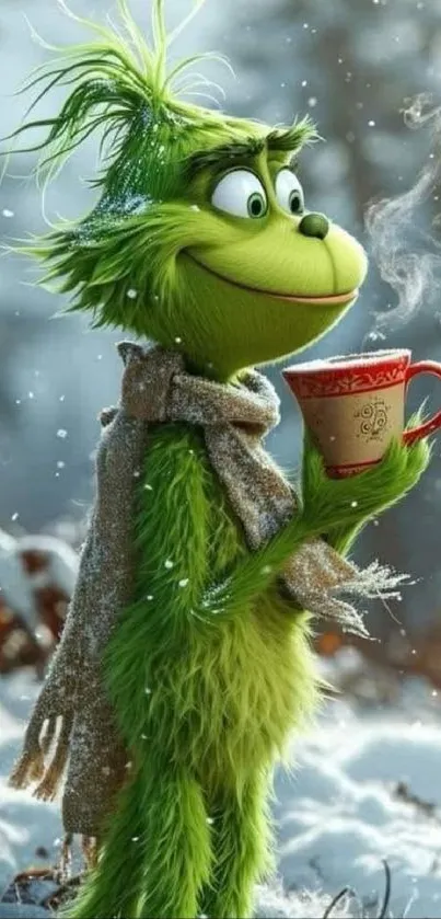 Grinch in snow with hot drink