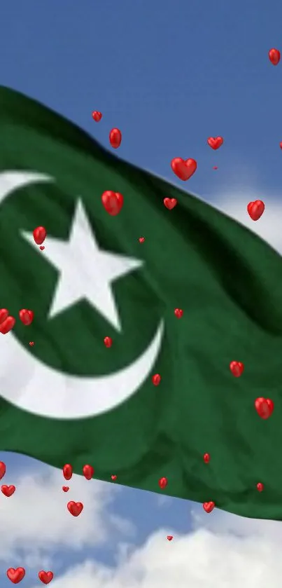 Green flag with crescent and star, red hearts in blue sky.