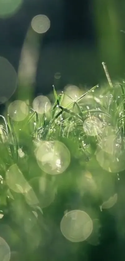 Close-up of dewy green grass with bokeh effect.