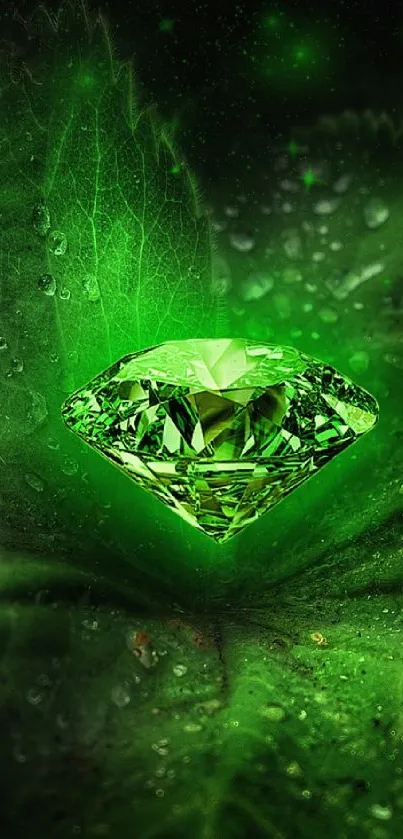 Emerald green diamond on a detailed leaf.