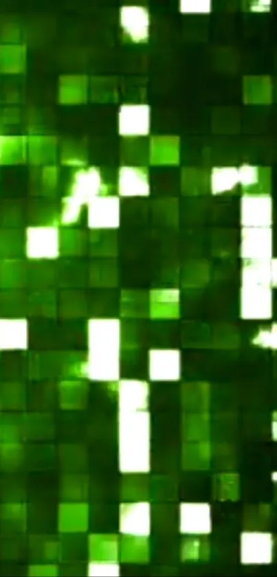 Green digital mosaic wallpaper with glowing squares.