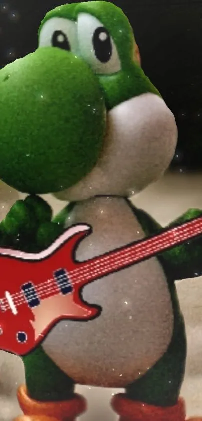 Green dinosaur holding a red guitar in vibrant wallpaper.