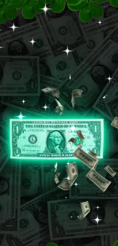 Glowing green dollar bills with sparkles in a digital wallpaper design.