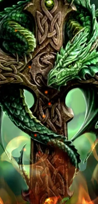 Green dragon wrapped around a Celtic cross with flames.