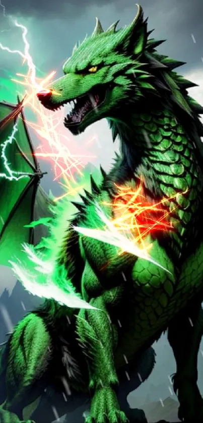 Green dragon with lightning bolt in dramatic fantasy art scene.