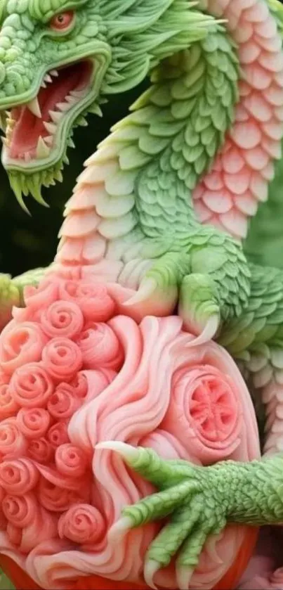 Intricate green dragon carved into fruit art with pink and green hues.