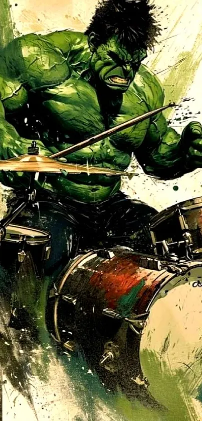 Green character playing drums in vibrant art wallpaper.