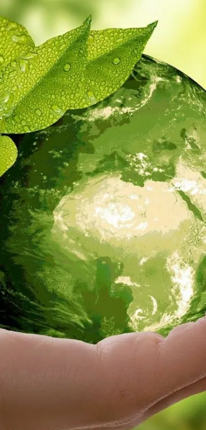 Close-up of hand holding green earth with leaves, symbolizing environmental care.