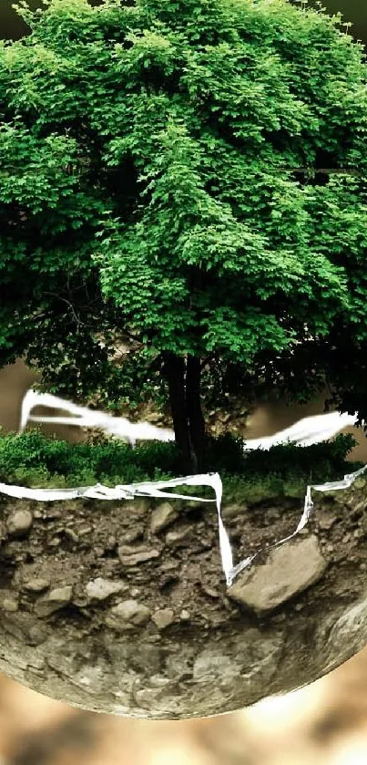 Suspended globe with vibrant tree and cracked soil design.