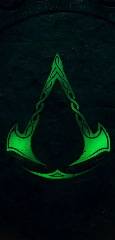 Green glowing emblem on dark textured wallpaper.