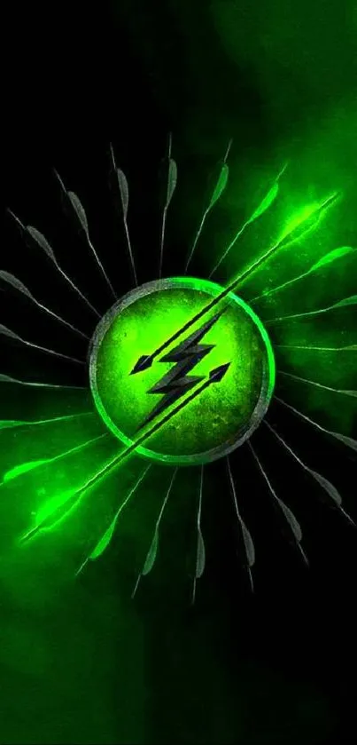 Dynamic green energy arrow mobile wallpaper with striking center symbol.