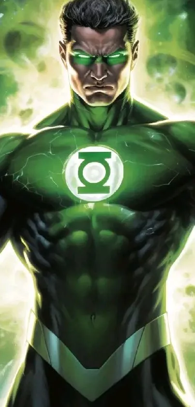 Powerful superhero glowing in green cosmic energy.