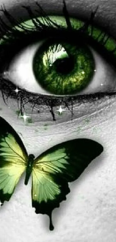 Artistic wallpaper with a green eye and butterfly design