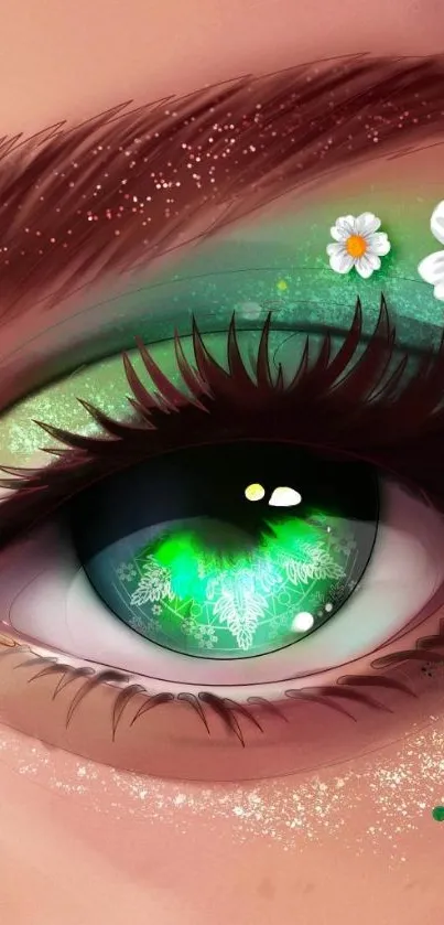 Close-up artwork of a green eye with floral accents.